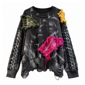 Sweter damski oversize z kolorowymi łatami z przędzy, czarny tie-dye - wariant wariant