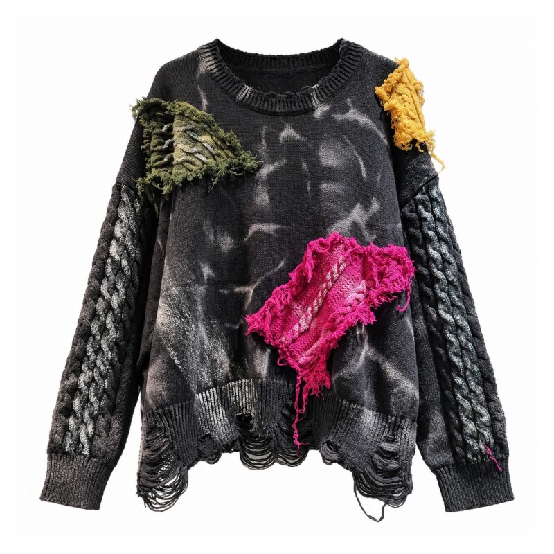 Sweter damski oversize z kolorowymi łatami z przędzy, czarny tie-dye - wariant wariant