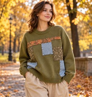 Sweter damski oversize z naszywkami patchwork, okrągły dekolt, 5 kolorów - jesienny spacer w parku, beżowe szerokie spodnie, bez telefonu przy twarzy