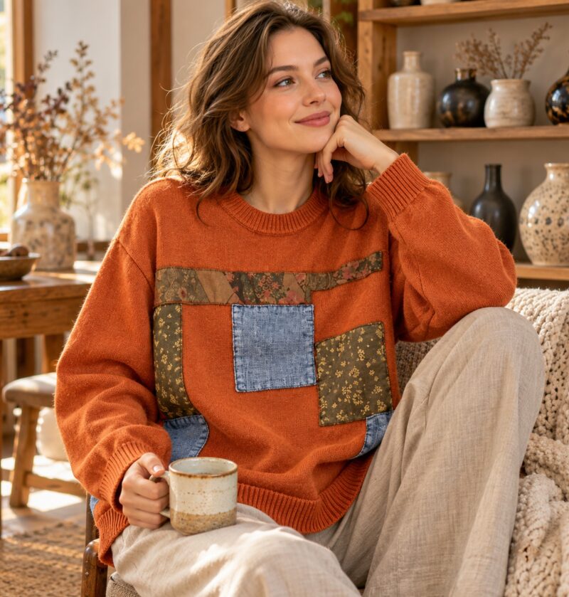 Sweter damski oversize z naszywkami patchwork, okrągły dekolt, 5 kolorów - przytulne wnętrze z ceramiką, kubek herbaty