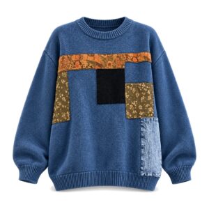 Sweter damski oversize z naszywkami patchwork, okrągły dekolt, 5 kolorów - zdjęcie główne