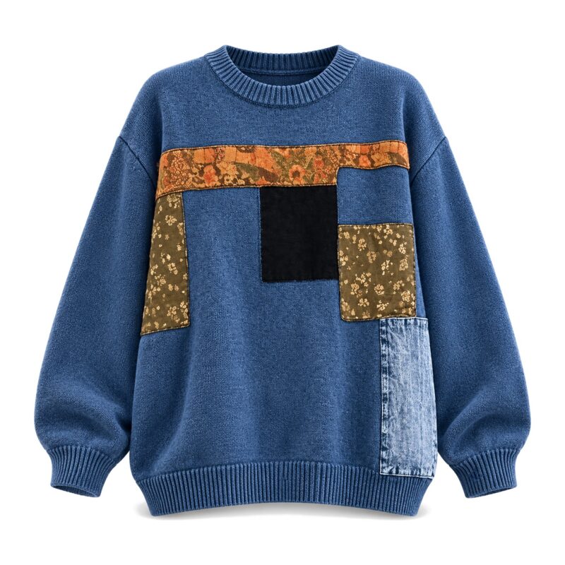 Sweter damski oversize z naszywkami patchwork, okrągły dekolt, 5 kolorów - zdjęcie główne