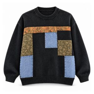Sweter damski oversize z naszywkami patchwork, okrągły dekolt, 5 kolorów - wariant czarny