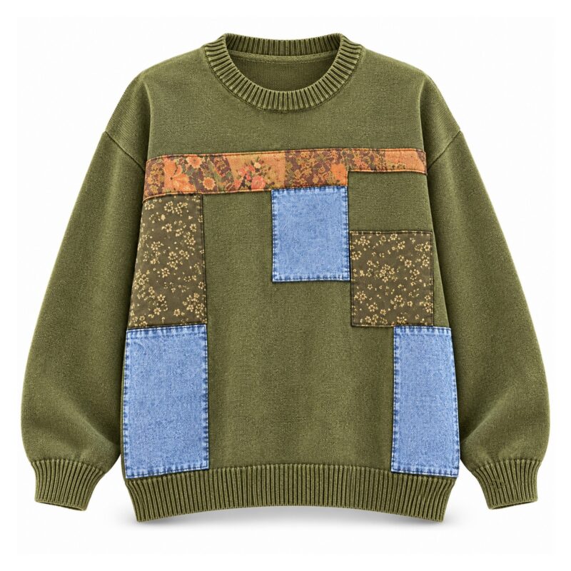 Sweter damski oversize z naszywkami patchwork, okrągły dekolt, 5 kolorów - wariant oliwkowy