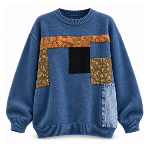 Sweter damski oversize z naszywkami patchwork, okrągły dekolt, 5 kolorów - wariant niebieski