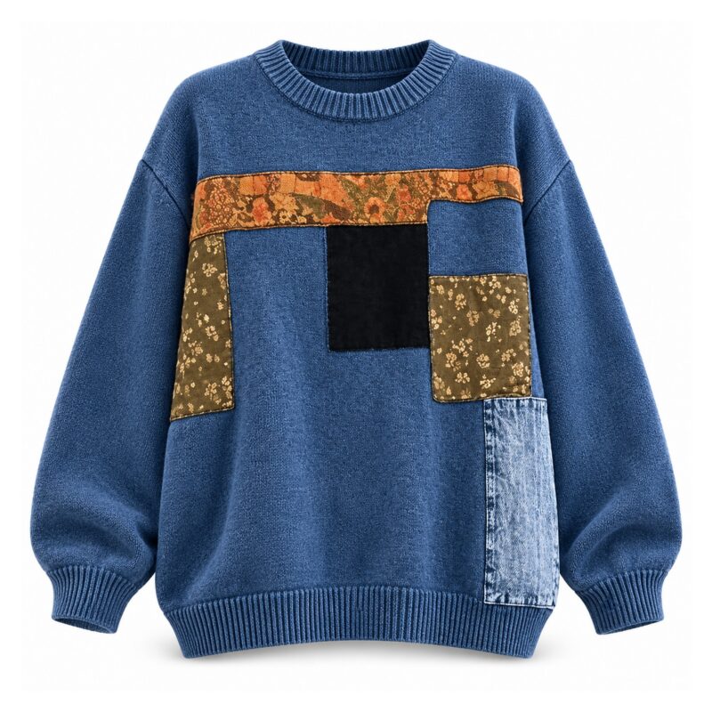 Sweter damski oversize z naszywkami patchwork, okrągły dekolt, 5 kolorów - wariant niebieski