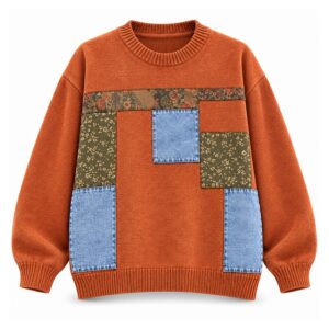 Sweter damski oversize z naszywkami patchwork, okrągły dekolt, 5 kolorów - wariant pomarańczowy