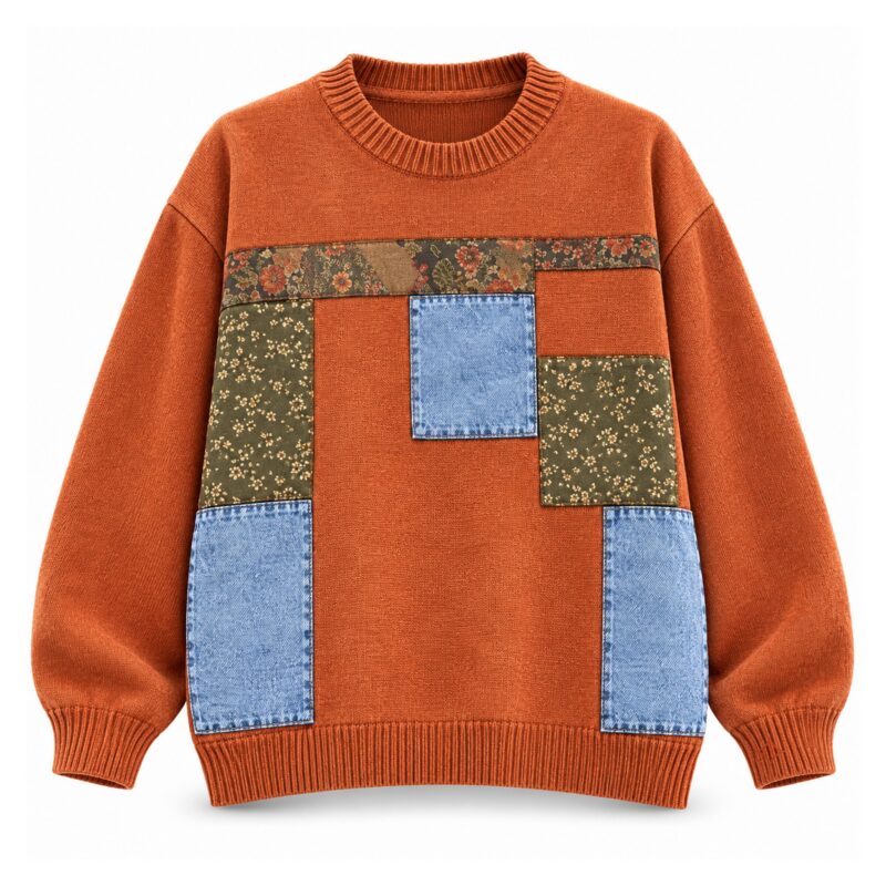 Sweter damski oversize z naszywkami patchwork, okrągły dekolt, 5 kolorów - wariant pomarańczowy