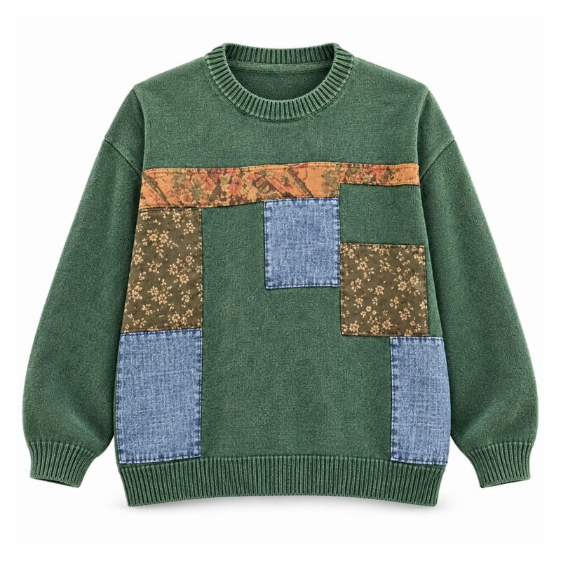 Sweter damski oversize z naszywkami patchwork, okrągły dekolt, 5 kolorów - wariant zielony