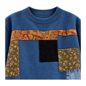Sweter damski oversize z naszywkami patchwork, okrągły dekolt, 5 kolorów - czarny sweter płasko, białe tło