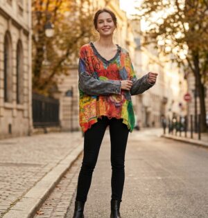 Sweter damski oversize patchwork z denimem, dekolt w serek, kolorowy - jesienna ulica, modelka w pomarańczowej wersji (ref g01)