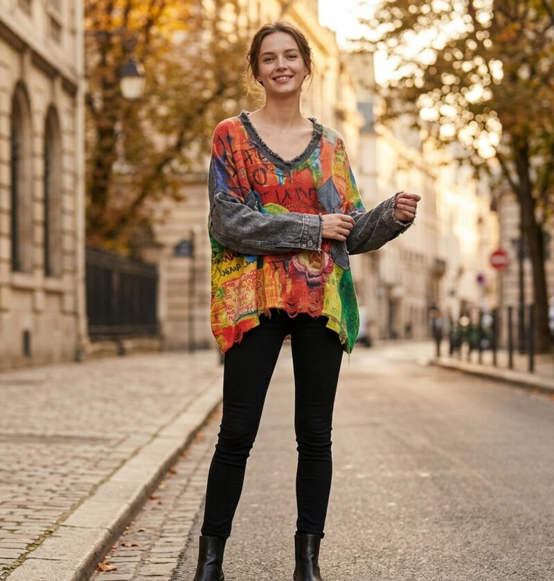 Sweter damski oversize patchwork z denimem, dekolt w serek, kolorowy - jesienna ulica, modelka w pomarańczowej wersji (ref g01)