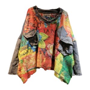 Sweter damski oversize patchwork z denimem, dekolt w serek, kolorowy - zdjęcie główne