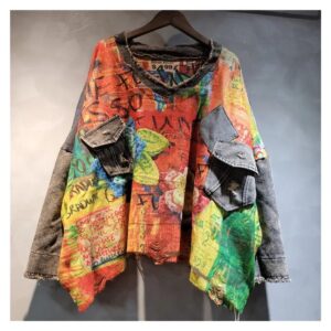 Sweter damski oversize patchwork z denimem, dekolt w serek, kolorowy - wariant pomarańczowy