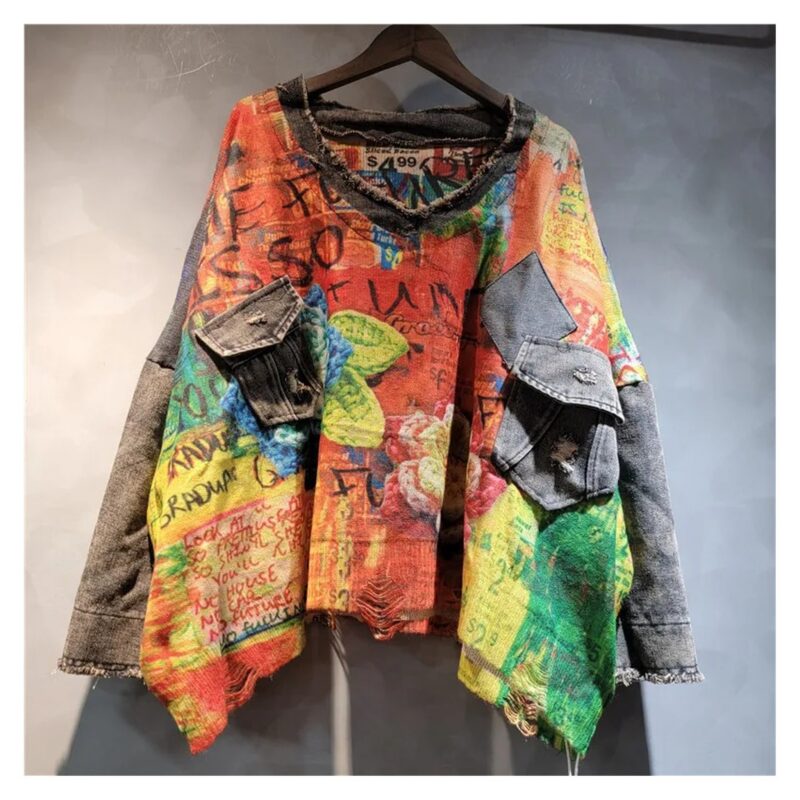 Sweter damski oversize patchwork z denimem, dekolt w serek, kolorowy - wariant pomarańczowy