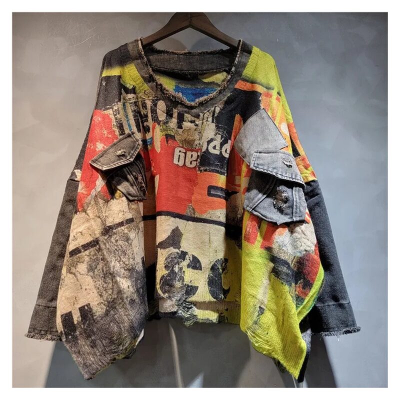 Sweter damski oversize patchwork z denimem, dekolt w serek, kolorowy - wariant beżowo-limonkowy