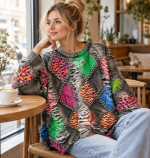 Sweter damski oversize patchwork w romby, kolorowy nadruk, dzianina - modelka w swetrze oversize i jasnych jeansach w przytulnej kawiarni, dzienne światło