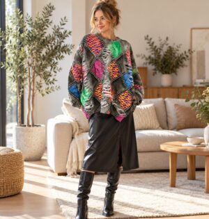 Sweter damski oversize patchwork w romby, kolorowy nadruk, dzianina - modelka w swetrze i czarnej spódnicy w jasnym salonie