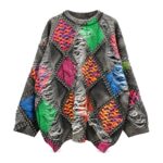 Sweter damski oversize patchwork w romby, kolorowy nadruk, dzianina - zdjęcie główne