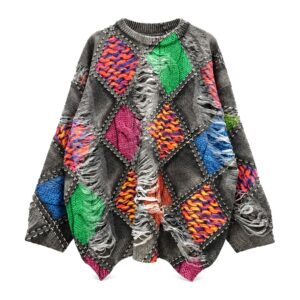 Sweter damski oversize patchwork w romby, kolorowy nadruk, dzianina - zdjęcie główne