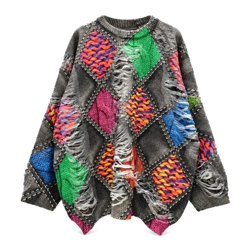 Sweter damski oversize patchwork w romby, kolorowy nadruk, dzianina - zdjęcie główne
