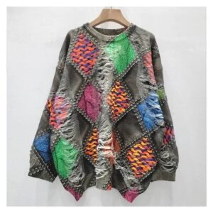 Sweter damski oversize patchwork w romby, kolorowy nadruk, dzianina - wariant wariant