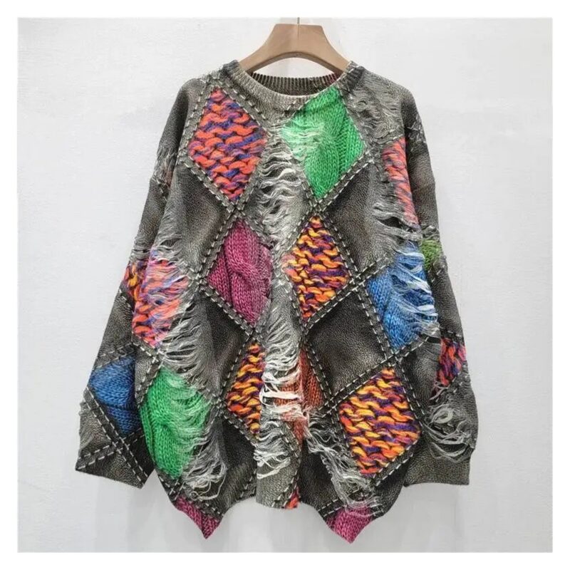 Sweter damski oversize patchwork w romby, kolorowy nadruk, dzianina - wariant wariant