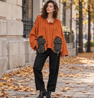 Sweter damski oversize z warkoczami i wstawkami z denimu, postrzępiony - modelka w pomarańczowym swetrze i czarnych spodniach na jesiennej ulicy, naturalne światło