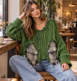 Sweter damski oversize z warkoczami i wstawkami z denimu, postrzępiony - modelka w zielonym swetrze i jasnych jeansach w przytulnym wnętrzu kawiarni