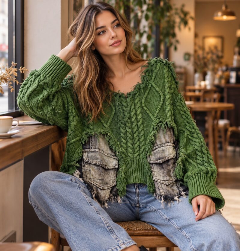 Sweter damski oversize z warkoczami i wstawkami z denimu, postrzępiony - modelka w zielonym swetrze i jasnych jeansach w przytulnym wnętrzu kawiarni