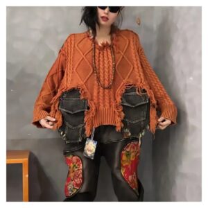 Sweter damski oversize z warkoczami i wstawkami z denimu, postrzępiony - wariant pomarańczowy