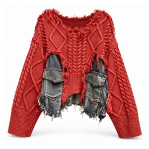 Sweter damski oversize z warkoczami i wstawkami z denimu, postrzępiony - wariant ceglasty