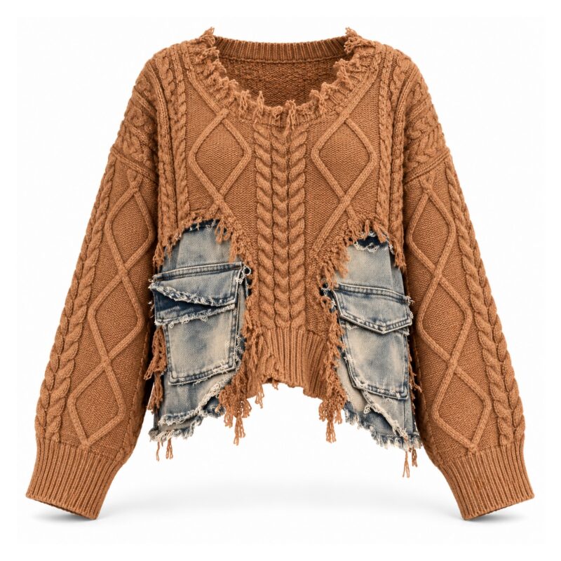 Sweter damski oversize z warkoczami i wstawkami z denimu, postrzępiony - wariant karmelowy