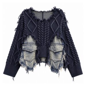 Sweter damski oversize z warkoczami i wstawkami z denimu, postrzępiony - wariant granatowy
