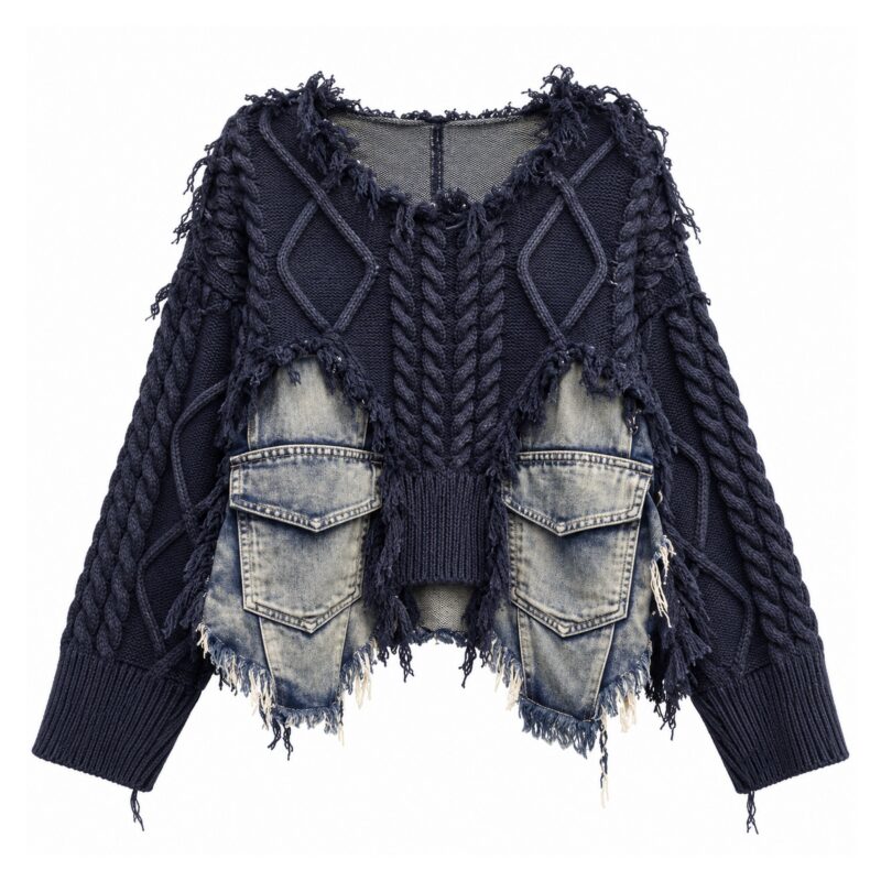 Sweter damski oversize z warkoczami i wstawkami z denimu, postrzępiony - wariant granatowy