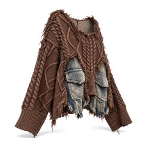 Sweter damski oversize z warkoczami i wstawkami z denimu, postrzępiony - brązowy sweter w ujęciu 3/4 na białym tle, widoczne wstawki z denimu z klapkami