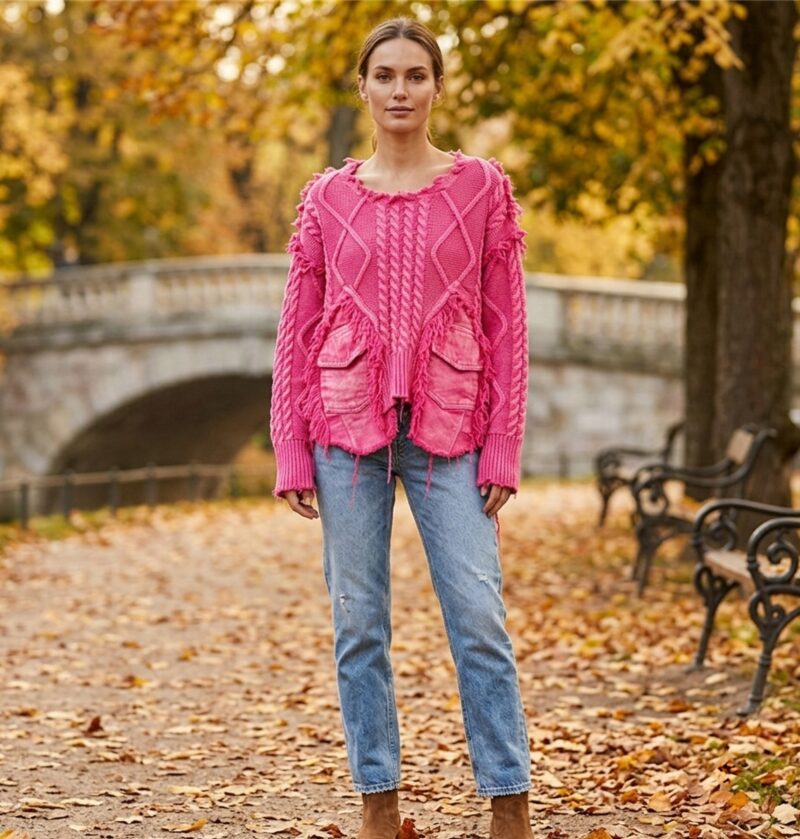 Sweter damski oversize z warkoczami i jeansowymi kieszeniami, patchwork - jesienna sesja w parku: modelka w swetrze fuksja z jasnymi jeansami i botkami