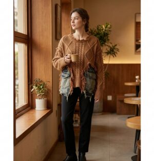 Sweter damski oversize z warkoczami i jeansowymi kieszeniami, patchwork - przytulna kawiarnia: modelka w brązowym swetrze z czarnymi spodniami, ciepłe światło