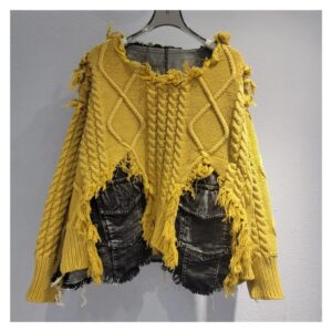Sweter damski oversize z warkoczami i jeansowymi kieszeniami, patchwork - wariant żółty