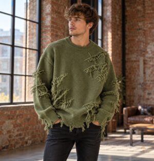 Sweter unisex z dziurami i frędzlami, oversize, styl grunge, dzianina - model w zielonym swetrze i czarnych jeansach w industrialnym lofcie
