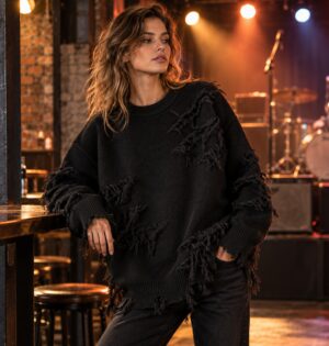 Sweter unisex z dziurami i frędzlami, oversize, styl grunge, dzianina - modelka w czarnym swetrze na koncercie w klubie
