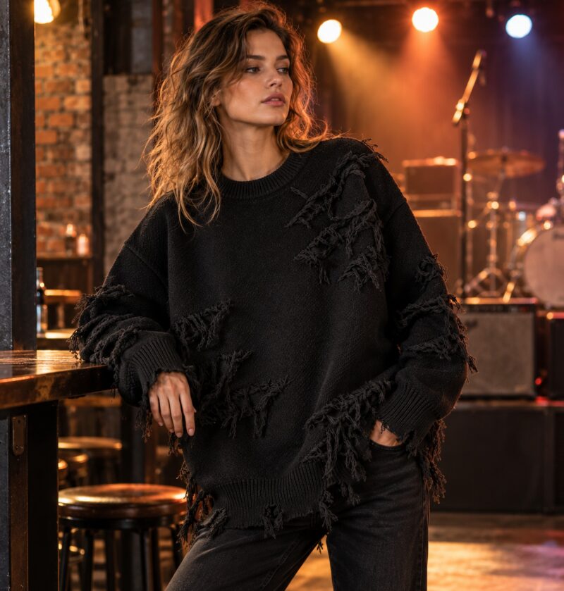 Sweter unisex z dziurami i frędzlami, oversize, styl grunge, dzianina - modelka w czarnym swetrze na koncercie w klubie