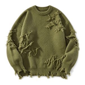 Sweter unisex z dziurami i frędzlami, oversize, styl grunge, dzianina - zdjęcie główne