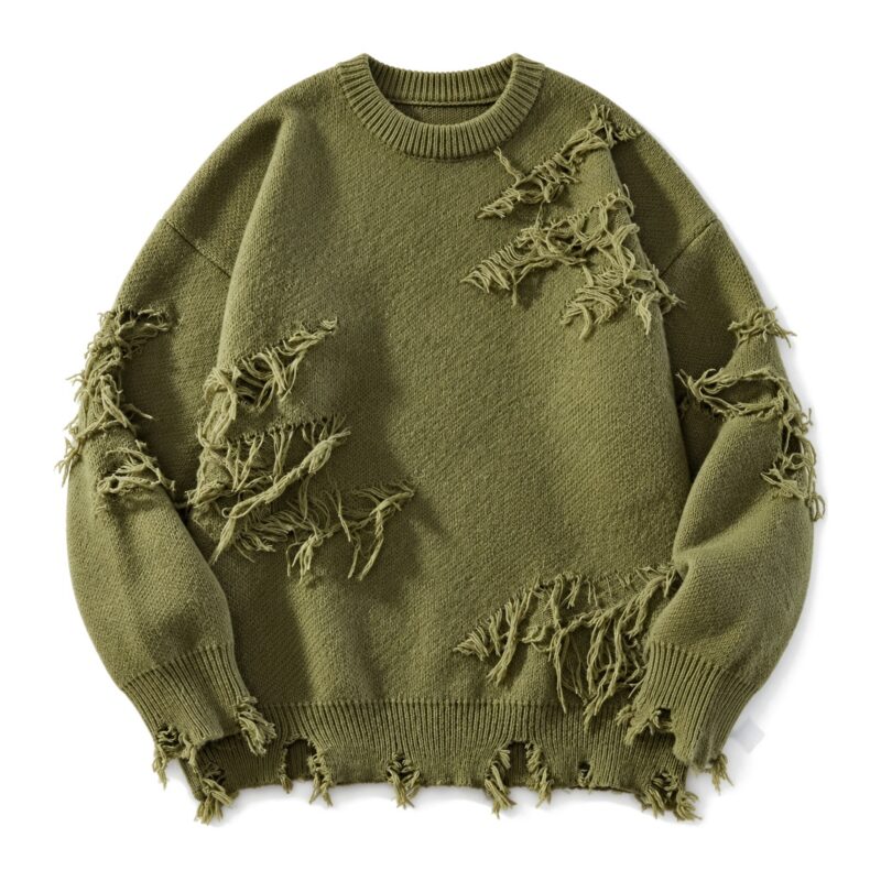 Sweter unisex z dziurami i frędzlami, oversize, styl grunge, dzianina - zdjęcie główne