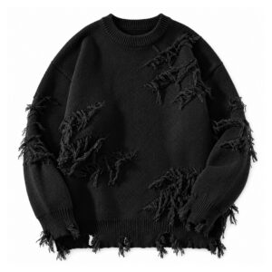 Sweter unisex z dziurami i frędzlami, oversize, styl grunge, dzianina - wariant czarny, XL