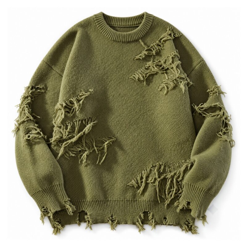 Sweter unisex z dziurami i frędzlami, oversize, styl grunge, dzianina - wariant zielony, L