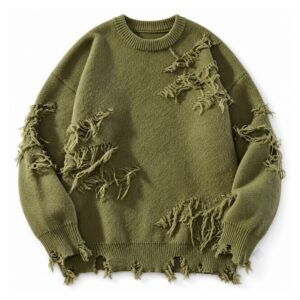 Sweter unisex z dziurami i frędzlami, oversize, styl grunge, dzianina - wariant zielony, XL