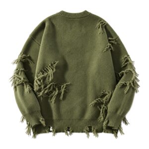 Sweter unisex z dziurami i frędzlami, oversize, styl grunge, dzianina - zielony sweter, inne ujęcie, flat lay na białym tle
