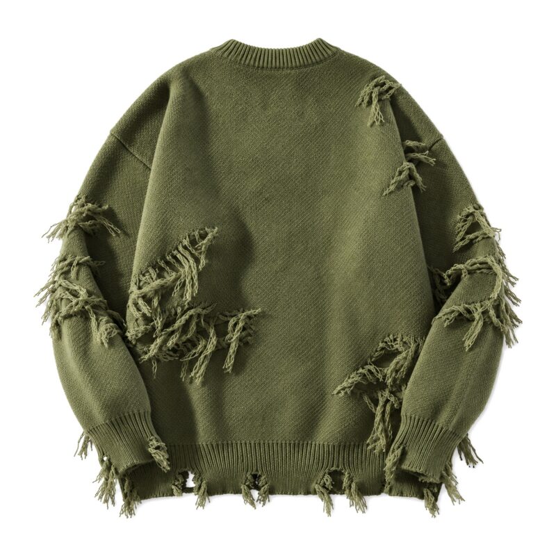 Sweter unisex z dziurami i frędzlami, oversize, styl grunge, dzianina - zielony sweter, inne ujęcie, flat lay na białym tle