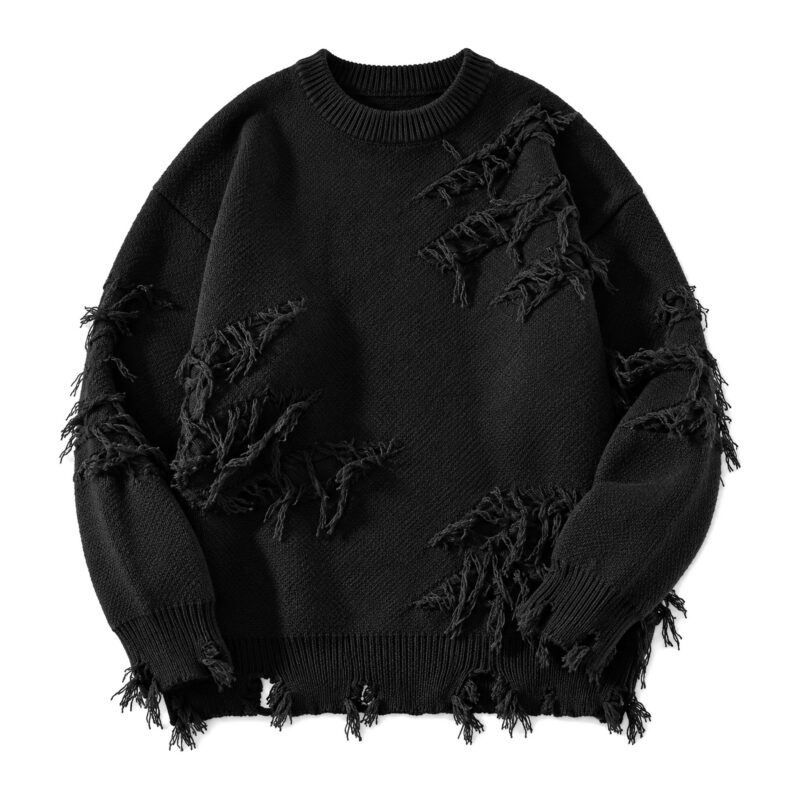 Sweter unisex z dziurami i frędzlami, oversize, styl grunge, dzianina - czarny sweter, flat lay na białym tle